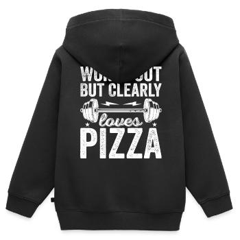 Works Out But Clearly Loves Pizza | I Love Pizza - Kids Premium Organic Zip-up Hoodie - black - Back - AI Model Kid Male (0cm)