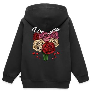 Je t'aime | Déclaration de roses de coeurs d'amour cadeau - Sweat Premium à capuche zippé enfant bio - noir - Dos - AI Model Kid Male (0cm)