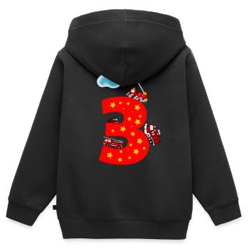 3e anniversaire 3 ans de pompiers voiture cadeau - Sweat Premium à capuche zippé enfant bio - noir - Dos - AI Model Kid Male (0cm)