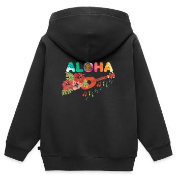 Ukulele Aloha Guitare Hawaii Fleurs Cadeau - Sweat Premium à capuche zippé enfant bio - noir - Dos - AI Model Kid Male (0cm)