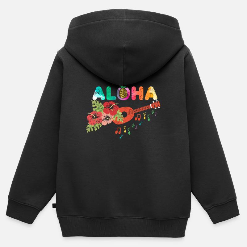 Ukulele Aloha Guitare Hawaii Fleurs Cadeau - Sweat Premium à capuche zippé enfant bio - noir