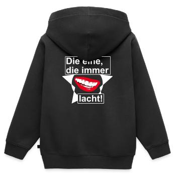 Die eine die immer lacht! - Kinder Premium Organic Zip Hoodie - Schwarz - Hinten - AI Model Kid Male (0cm)