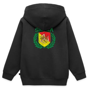 SIZILIEN - Sicilia Flagge und Schild Trinacria - - Kinder Premium Organic Zip Hoodie - Schwarz - Hinten - AI Model Kid Male (0cm)