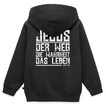 JESUS DER WEG DIE WAHRHEIT DAS LEBEN - Kinder Premium Organic Zip Hoodie - Schwarz - Hinten - AI Model Kid Male (0cm)