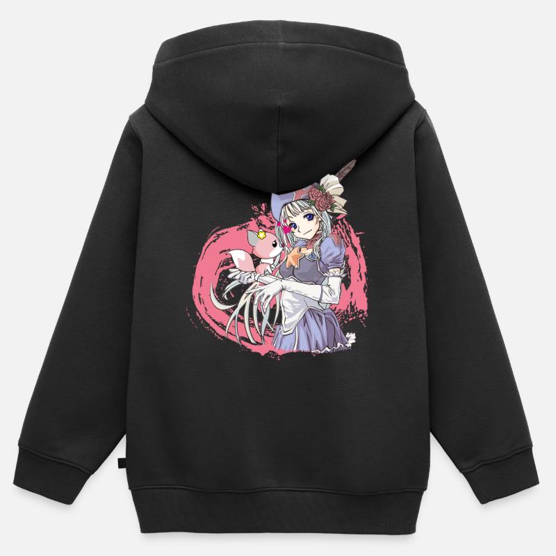 Fille manga avec chien - Sweat Premium à capuche zippé enfant bio - noir
