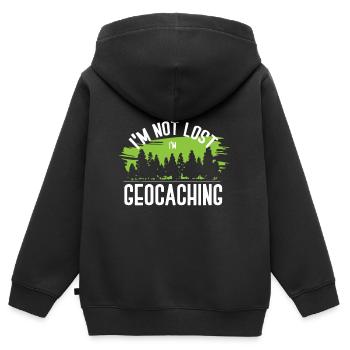 géocaching, cache, gps, géocache, géocacheur, logbu - Sweat Premium à capuche zippé enfant bio - noir - Dos - AI Model Kid Male (0cm)