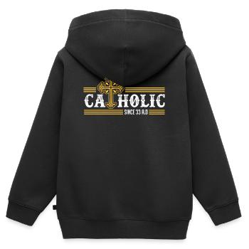 Catholique depuis 33 après JC Crucifix Jesus Eucharis - Sweat Premium à capuche zippé enfant bio - noir - Dos - AI Model Kid Male (0cm)