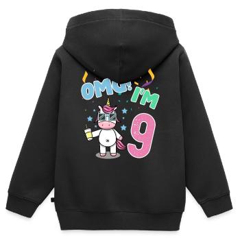 OMG JE SUIS 9 - Sweat Premium à capuche zippé enfant bio - noir - Dos - AI Model Kid Male (0cm)