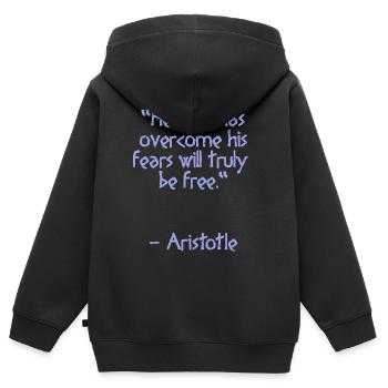 Citation d’Aristote - He who has | Sagesse - Sweat Premium à capuche zippé enfant bio - noir - Dos - AI Model Kid Male (0cm)