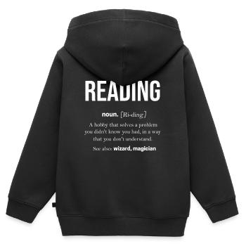 Buch - Kinder Premium Organic Zip Hoodie - Schwarz - Hinten - AI Model Kid Male (0cm)
