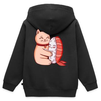 Chat mignon et sushi étreignant - Sweat Premium à capuche zippé enfant bio - noir - Dos - AI Model Kid Male (0cm)