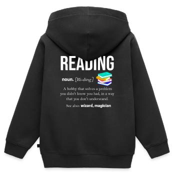 Buch - Kinder Premium Organic Zip Hoodie - Schwarz - Hinten - AI Model Kid Male (0cm)