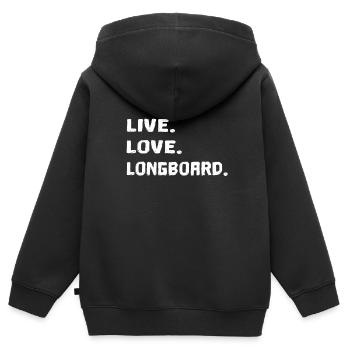 Longboard | Live Love Longboard - Sweat Premium à capuche zippé enfant bio - noir - Dos - AI Model Kid Male (0cm)