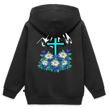 Alpen Gebirge Kreuz Enzian Edelweiß Berg Natur - Kinder Premium Organic Zip Hoodie - Schwarz - Hinten - AI Model Kid Male (0cm)