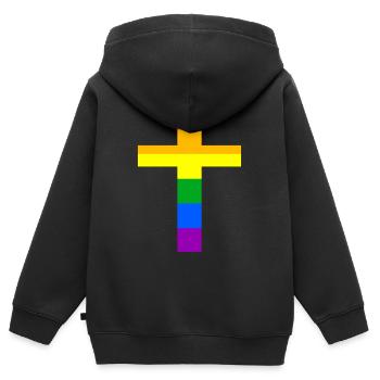 LGBT Cross Christianity Rainbow Flag Church - Sweat Premium à capuche zippé enfant bio - noir - Dos - AI Model Kid Male (0cm)