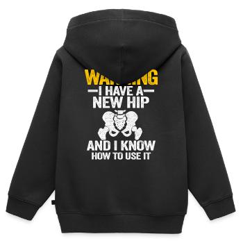 Hanche OP Chirurgie Récupération Drôle Nouvelle hanche - Sweat Premium à capuche zippé enfant bio - noir - Dos - AI Model Kid Male (0cm)