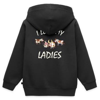 Vaches - J’aime mes dames, fermière, passionnée de bétail - Sweat Premium à capuche zippé enfant bio - noir - Dos - AI Model Kid Male (0cm)