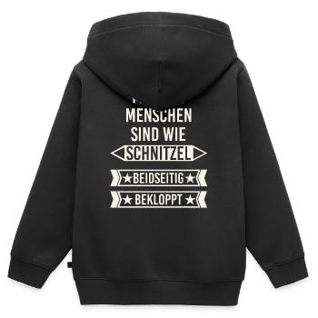 Menschen sind wie Schnitzel - beidseitig bekloppt - Kinder Premium Organic Zip Hoodie - Schwarz - Hinten - AI Model Kid Male (0cm)