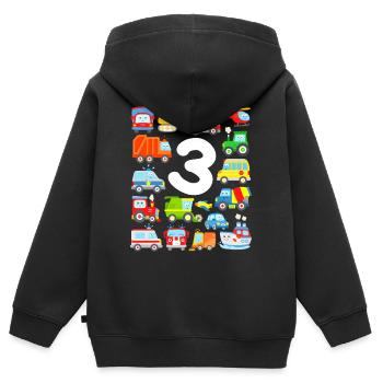 3ème anniversaire garçons enfants 3 ans voiture véhicule - Sweat Premium à capuche zippé enfant bio - noir - Dos - AI Model Kid Male (0cm)