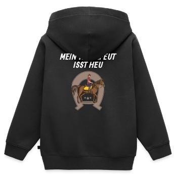 Pferdesprüche Reiten Mein Therapeut isst Heu - Kinder Premium Organic Zip Hoodie - Schwarz - Hinten - AI Model Kid Male (0cm)