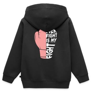 Ruban rose Son combat est mon combat Cancer du sein - Sweat Premium à capuche zippé enfant bio - noir - Dos - AI Model Kid Male (0cm)