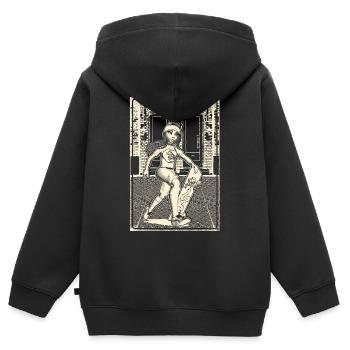 Mädchen mit Skateboard vor Backsteinmauerwerk. - Kinder Premium Organic Zip Hoodie - Schwarz - Hinten - AI Model Kid Male (0cm)