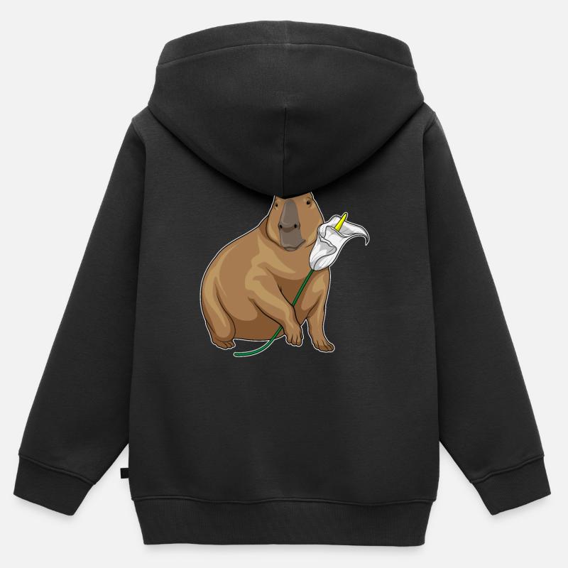 Capybara, Calendula, Fleurs - Sweat Premium à capuche zippé enfant bio - noir