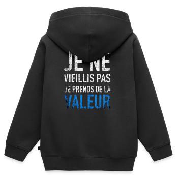 Je ne vieillis pas je prends de la valeur - Sweat Premium à capuche zippé enfant bio - noir - Dos - AI Model Kid Male (0cm)