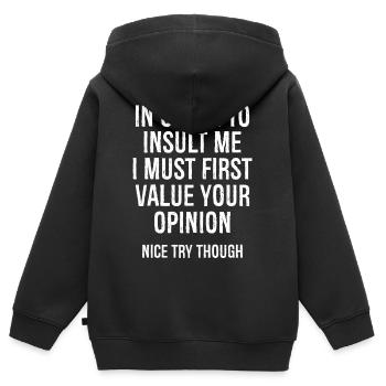 Pour m’insulter, je dois d’abord valoriser - Sweat Premium à capuche zippé enfant bio - noir - Dos - AI Model Kid Male (0cm)