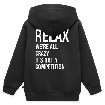 Entspannen Sie sich, wir sind alle verrückt lustig - Kinder Premium Organic Zip Hoodie - Schwarz - Hinten - AI Model Kid Male (0cm)