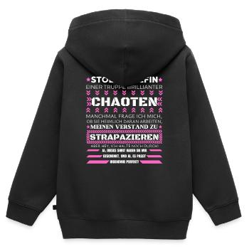 EINE STOLZE CHEFIN BRILLIANTER CHAOTEN - Kinder Premium Organic Zip Hoodie - Schwarz - Hinten - AI Model Kid Male (0cm)