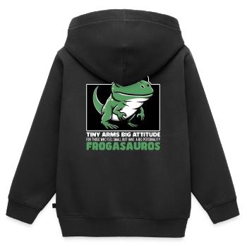 WINZIGE ARME, GROSSE HALTUNG - FROGASAURUS - Kinder Premium Organic Zip Hoodie - Schwarz - Hinten - AI Model Kid Male (0cm)