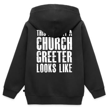this is what a church greeter looks like - Kinder Premium Organic Zip Hoodie - Schwarz - Hinten - AI Model Kid Male (0cm)