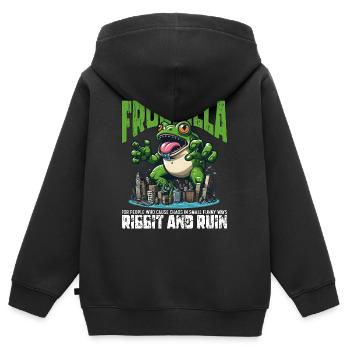 RIBBIT UND RUINE - FROGZILLA - Kinder Premium Organic Zip Hoodie - Schwarz - Hinten - AI Model Kid Male (0cm)