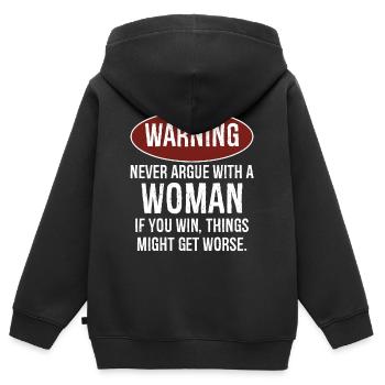 Warnung: Streite dich niemals mit einer Frau - Kinder Premium Organic Zip Hoodie - Schwarz - Hinten - AI Model Kid Male (0cm)