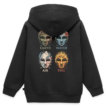 Quatre masques élémentaires | Symboles Alchimiques Art - Sweat Premium à capuche zippé enfant bio - noir - Dos - AI Model Kid Male (0cm)