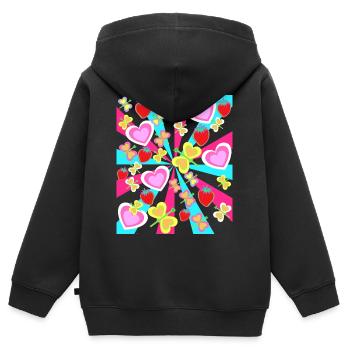 Kinder Sommer Retro Schmetterlinge Obst Herzen - Kinder Premium Organic Zip Hoodie - Schwarz - Hinten - AI Model Kid Male (0cm)