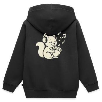 Niedliches Eichhörnchen, das Eichel mit Kopfhörern umarmt - Kinder Premium Organic Zip Hoodie - Schwarz - Hinten - AI Model Kid Male (0cm)