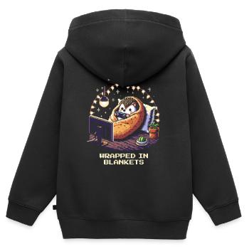 Status: Eingekuschelt in Decken - Kinder Premium Organic Zip Hoodie - Schwarz - Hinten - AI Model Kid Male (0cm)