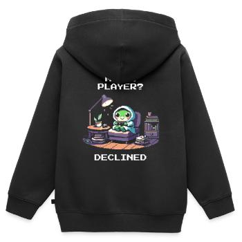 Multijoueur IRL : rejeté | Humour introverti - Sweat Premium à capuche zippé enfant bio - noir - Dos - AI Model Kid Male (0cm)