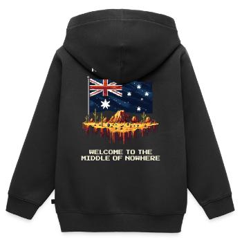 Karte erweitert: Mitte von Nirgendwo | Outback - Kinder Premium Organic Zip Hoodie - Schwarz - Hinten - AI Model Kid Male (0cm)