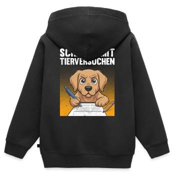 Tierschutz STOPPT TIERVERSUCHE LUSTIG - Kinder Premium Organic Zip Hoodie - Schwarz - Hinten - AI Model Kid Male (0cm)