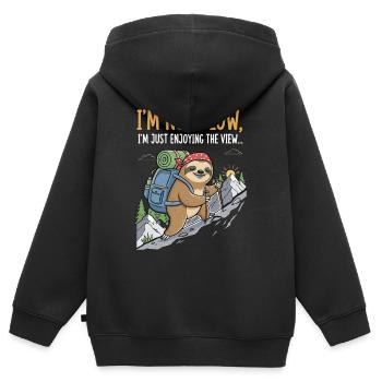 Faultier beim Bergsteigen mit Aussicht - Kinder Premium Organic Zip Hoodie - Schwarz - Hinten - AI Model Kid Male (0cm)