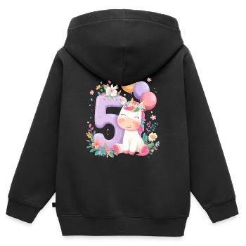 Licorne Anniversaire 5 Numéro d’anniversaire - Sweat Premium à capuche zippé enfant bio - noir - Dos - AI Model Kid Male (0cm)