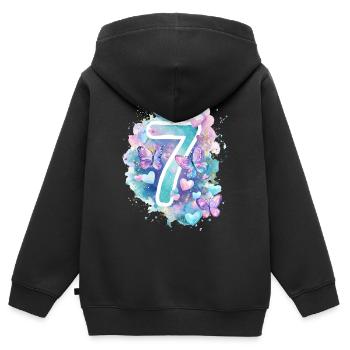 Anniversaire 7 ans avec des papillons et des cœurs - Sweat Premium à capuche zippé enfant bio - noir - Dos - AI Model Kid Male (0cm)