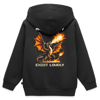 Capacité principale : Exister fort | Dragon - Sweat Premium à capuche zippé enfant bio - noir - Dos - AI Model Kid Male (0cm)