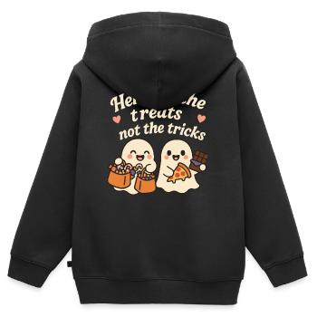 Hier für die Leckereien, nicht für die Tricks Halloween - Kinder Premium Organic Zip Hoodie - Schwarz - Hinten - AI Model Kid Male (0cm)