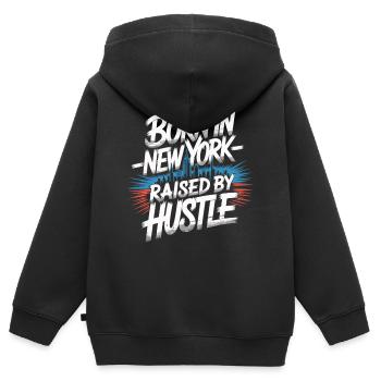 Né à New York – Hustle Streetstyle - Sweat Premium à capuche zippé enfant bio - noir - Dos - AI Model Kid Male (0cm)