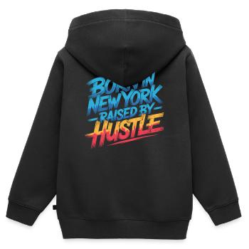 Né à New York – Hustle Streetstyle - Sweat Premium à capuche zippé enfant bio - noir - Dos - AI Model Kid Male (0cm)