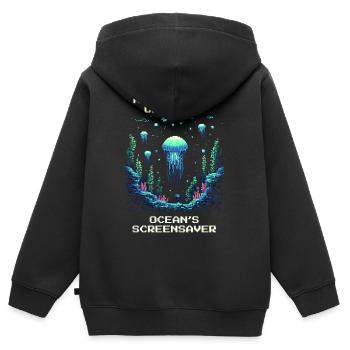 Réalisation : Économiseur d’écran océanique - Sweat Premium à capuche zippé enfant bio - noir - Dos - AI Model Kid Male (0cm)